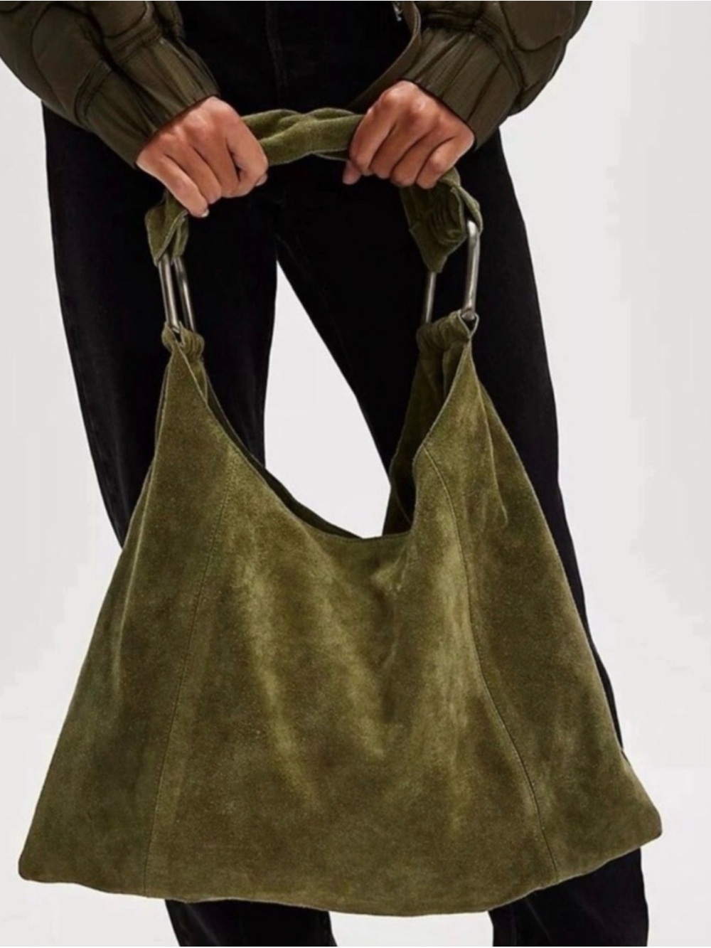 Free People Bobbi Slouch Suede Tote Olive Green Leather BNWT SOLD OUT - Picture 6 of 8